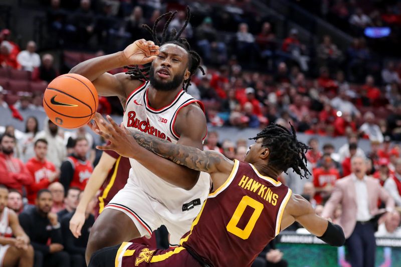 Dec 3, 2023; Columbus, Ohio, USA;  Ohio State Buckeyes guard Bruce Thornton (2) fights for the ball with Minnesota Golden Gophers guard Elijah Hawkins (0) during the second half at Value City Arena. Mandatory Credit: Joseph Maiorana-USA TODAY Sports