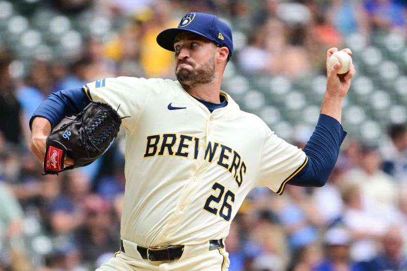 Aug 29, 2024; Milwaukee, Wisconsin, USA; Milwaukee Brewers pitcher Aaron Ashby (26) pitches in the eighth inning against the San Francisco Giants at American Family Field. Mandatory Credit: Benny Sieu-USA TODAY Sports