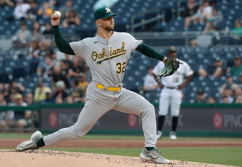 Jun 6, 2023; Pittsburgh, Pennsylvania, USA; Oakland Athletics starting pitcher James Kaprielian (32) delivers a pitch against the Pittsburgh Pirates during the first inning at PNC Park. Mandatory Credit: Charles LeClaire-USA TODAY Sports