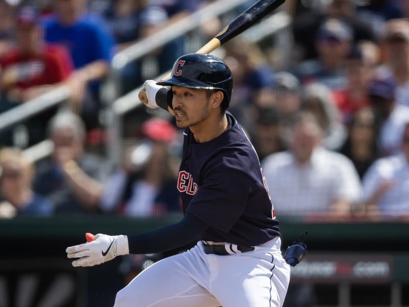 Mar 16, 2023; Goodyear, Arizona, USA; Cleveland Guardians outfielder Steven Kwan against the Chicago White Sox during a spring training game at Goodyear Ballpark. Mandatory Credit: Mark J. Rebilas-USA TODAY Sports