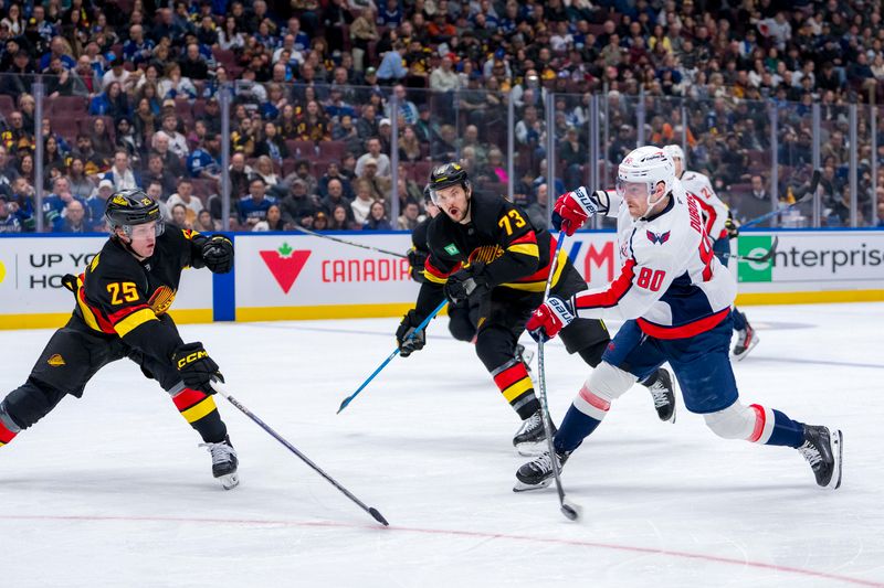 Jan 25, 2025; Vancouver, British Columbia, CAN; Vancouver Canucks defenseman Vincent Desharnais (73) watches as Washington Capitals forward Pierre-Luc Dubois (80) shoots toward defenseman Elias Pettersson (25) in the third period at Rogers Arena. Mandatory Credit: Bob Frid-Imagn Images