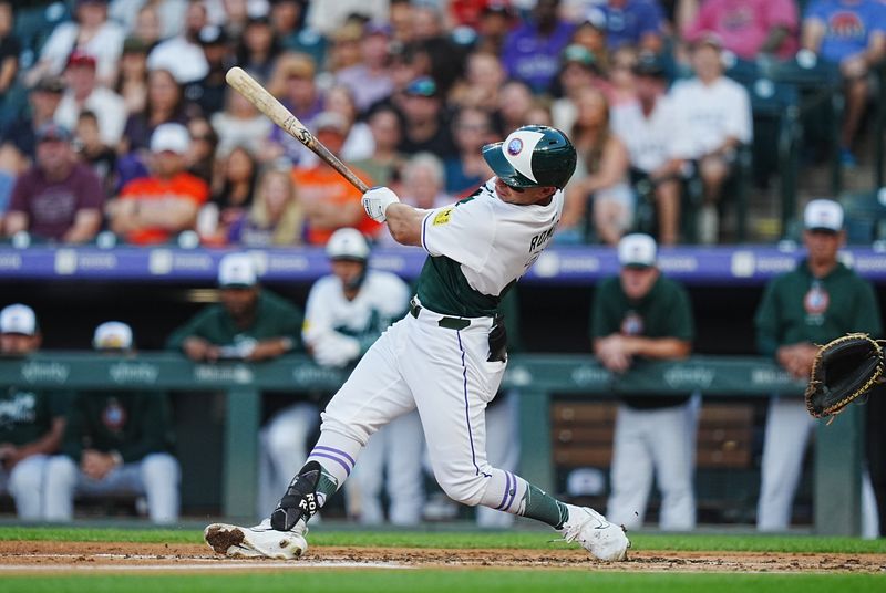 Aug 31, 2024; Denver, Colorado, USA; Colorado Rockies catcher Drew Romo (3) hits a two run double in the second inning against the Baltimore Orioles at Coors Field. Mandatory Credit: Ron Chenoy-USA TODAY Sports