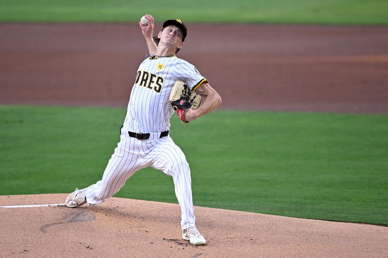 Jun 20, 2024; San Diego, California, USA; San Diego Padres starting pitcher Adam Mazur (36) pitches against the Milwaukee Brewers during the first inning at Petco Park. Mandatory Credit: Orlando Ramirez-USA TODAY Sports
