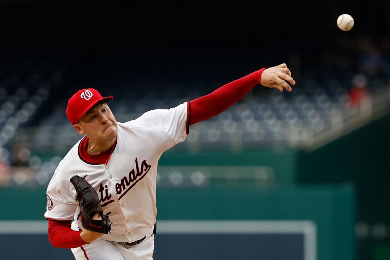 Jun 5, 2024; Washington, District of Columbia, USA; Washington Nationals starting pitcher Patrick Corbin (46) pitches against the New York Mets during the first inning at Nationals Park. Mandatory Credit: Geoff Burke-USA TODAY Sports