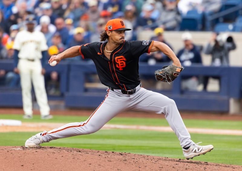 Mar 14, 2025; Phoenix, Arizona, USA; San Francisco Giants pitcher Jordan Hicks against the Milwaukee Brewers during a spring training game at American Family Fields of Phoenix. Mandatory Credit: Mark J. Rebilas-Imagn Images