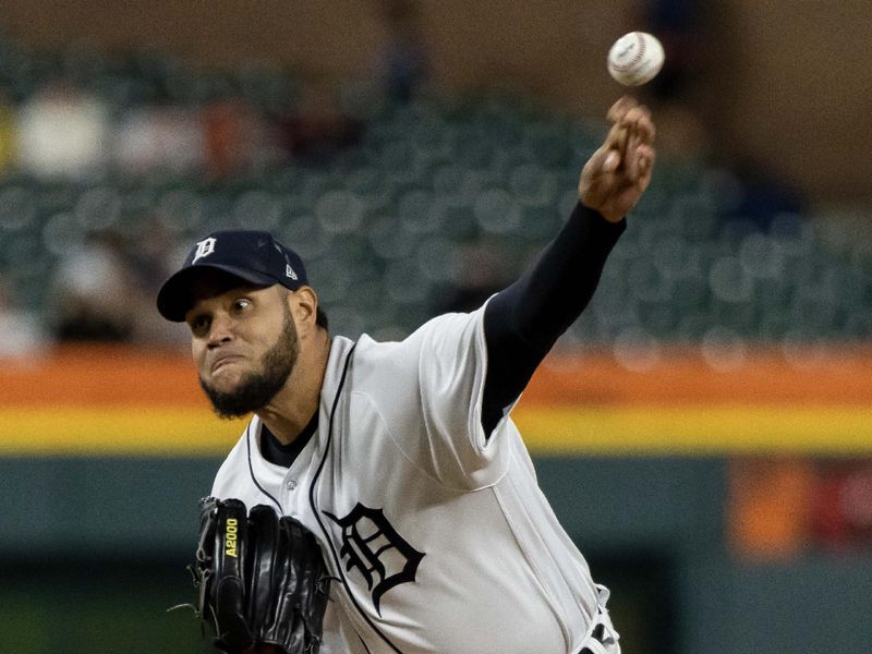 Sep 13, 2023; Detroit, Michigan, USA; Detroit Tigers starting pitcher Eduardo Rodriguez (57) throws in the sixth inning against the Cincinnati Reds at Comerica Park. Mandatory Credit: David Reginek-USA TODAY Sports