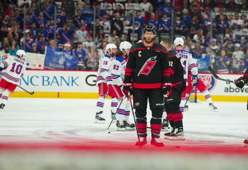 May 11, 2024; Raleigh, North Carolina, USA; Carolina Hurricanes center Jordan Staal (11) looks on before game four against the New York Rangers in the second round of the 2024 Stanley Cup Playoffs in  at PNC Arena. Mandatory Credit: James Guillory-USA TODAY Sports