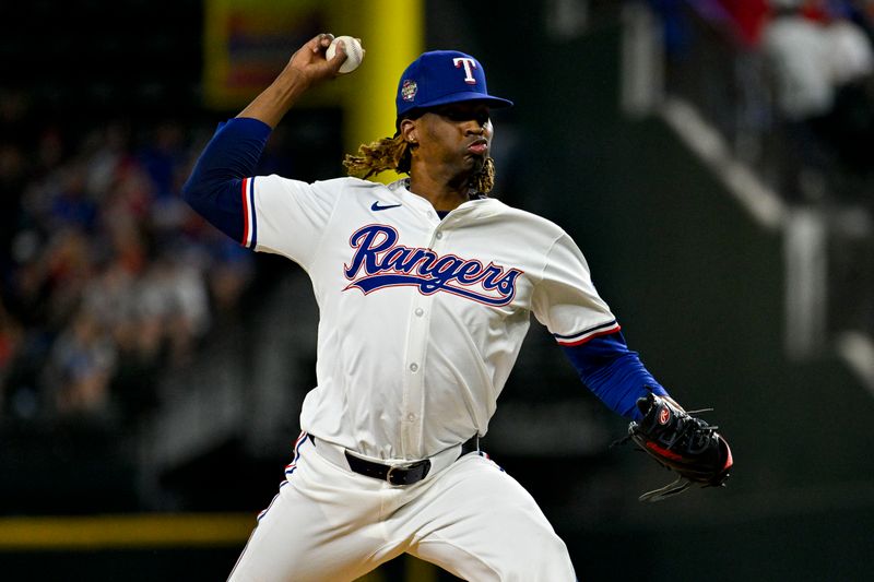 Apr 23, 2024; Arlington, Texas, USA; Texas Rangers relief pitcher Jose Urena (54) pitches against the Seattle Mariners during the game at Globe Life Field. Mandatory Credit: Jerome Miron-USA TODAY Sports