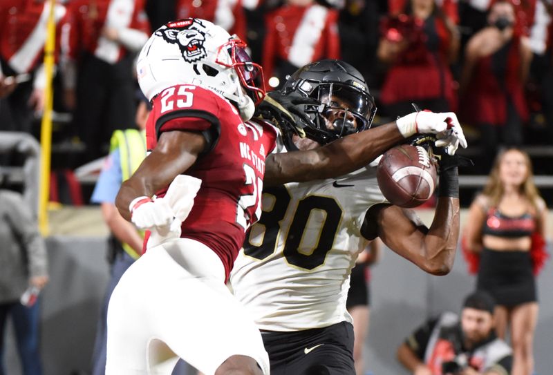 Nov 5, 2022; Raleigh, North Carolina, USA; North Carolina State Wolfpack defensive back Shyheim Battle (25) knocks a pass away from Wake Forest Demon Deacons receiver Jahmal Banks (80) during the first half  at Carter-Finley Stadium. Mandatory Credit: Rob Kinnan-USA TODAY Sports