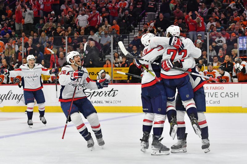 Apr 16, 2024; Philadelphia, Pennsylvania, USA; Washington Capitals right wing T.J. Oshie (77) celebrates his goal with teammates against the Philadelphia Flyers during the third period at Wells Fargo Center. Mandatory Credit: Eric Hartline-USA TODAY Sports