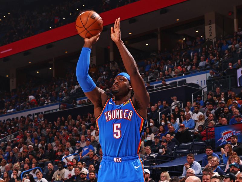 OKLAHOMA CITY, OK - JANUARY 29: Luguentz Dort #5 of the Oklahoma City Thunder shoots the ball during the game against the Minnesota Timberwolves on January 29, 2024 at Paycom Arena in Oklahoma City, Oklahoma. NOTE TO USER: User expressly acknowledges and agrees that, by downloading and or using this photograph, User is consenting to the terms and conditions of the Getty Images License Agreement. Mandatory Copyright Notice: Copyright 2024 NBAE (Photo by Zach Beeker/NBAE via Getty Images)