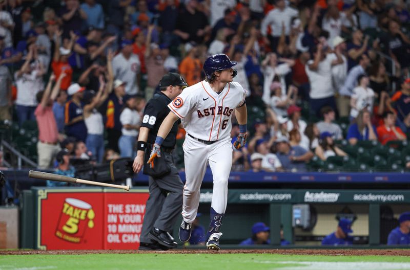 May 17, 2023; Houston, Texas, USA; Houston Astros center fielder Jake Meyers (6) hits a home run during the ninth inning against the Chicago Cubs at Minute Maid Park. Mandatory Credit: Troy Taormina-USA TODAY Sports