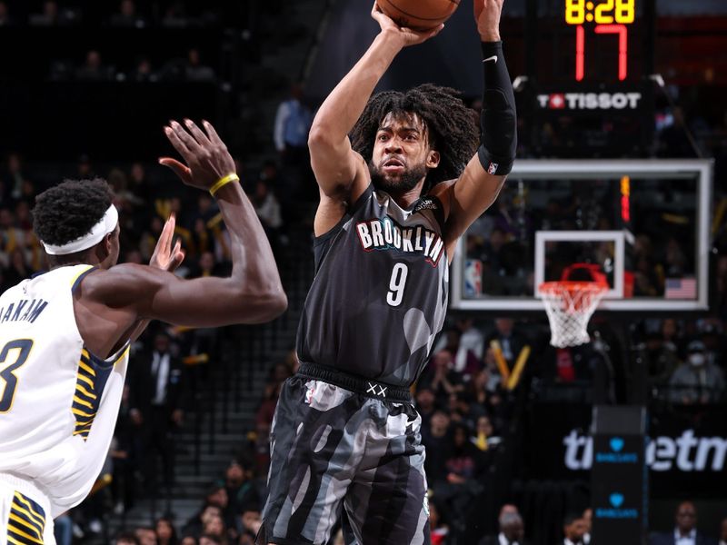 BROOKLYN, NY - DECEMBER 4: Trendon Watford #9 of the Brooklyn Nets three point basket during the game against the Indiana Pacers on December 4, 2024 at Barclays Center in Brooklyn, New York. NOTE TO USER: User expressly acknowledges and agrees that, by downloading and or using this Photograph, user is consenting to the terms and conditions of the Getty Images License Agreement. Mandatory Copyright Notice: Copyright 2024 NBAE (Photo by Jeff Haynes/NBAE via Getty Images)