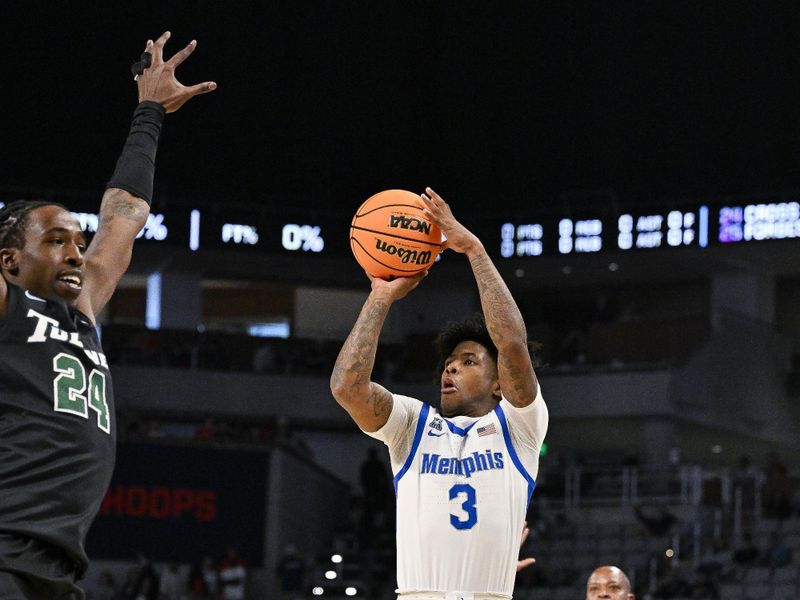 Mar 11, 2023; Fort Worth, TX, USA; Memphis Tigers guard Kendric Davis (3) makes a jump shot against the Tulane Green Wave during the first half at Dickies Arena. Mandatory Credit: Jerome Miron-USA TODAY Sports