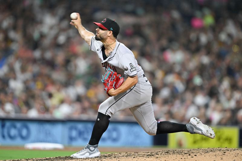 July 5, 2024; San Diego, California, USA; Arizona Diamondbacks starting pitcher Humberto Castellanos (54) pitches during the eighth inning against the San Diego Padres at Petco Park. Mandatory Credit: Denis Poroy-USA TODAY Sports