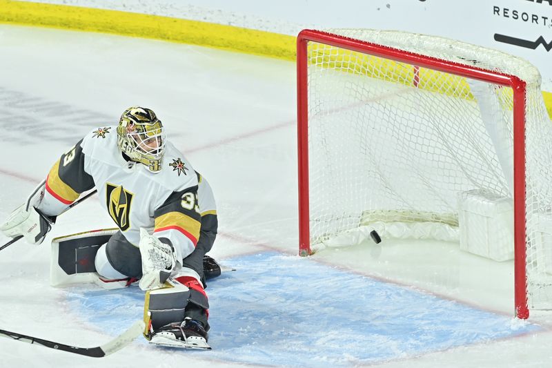 Feb 8, 2024; Tempe, Arizona, USA; Vegas Golden Knights goaltender Adin Hill (33) gives up a goal to Arizona Coyotes left wing Jason Zucker (not pictured) in the first period at Mullett Arena. Mandatory Credit: Matt Kartozian-USA TODAY Sports