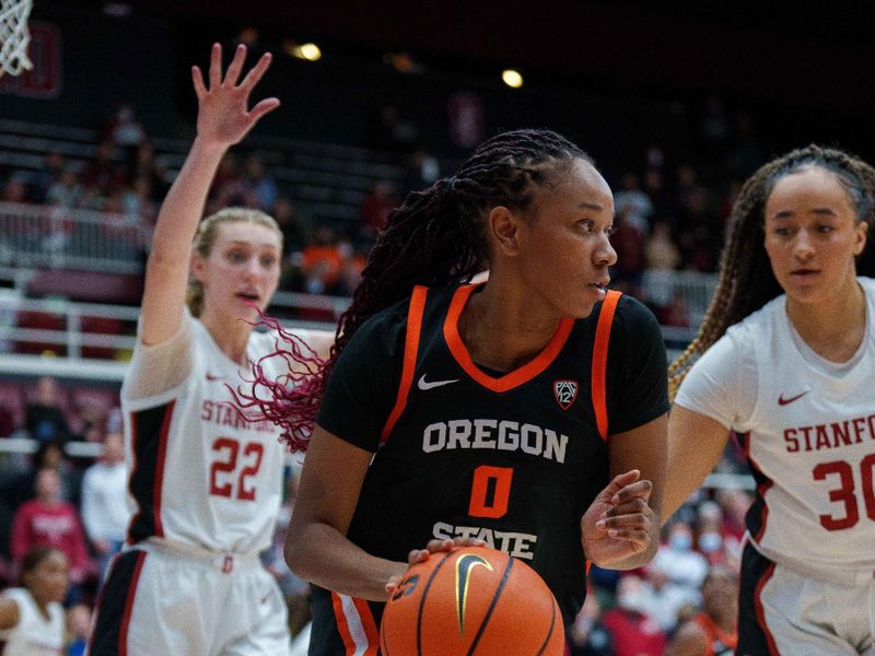 Jan 27, 2023; Stanford, California, USA; Oregon State Beavers guard Shalexxus Aaron (0) dribbles the basketball during the fourth quarter against the Stanford Cardinal at Maples Pavilion. Mandatory Credit: Neville E. Guard-USA TODAY Sports