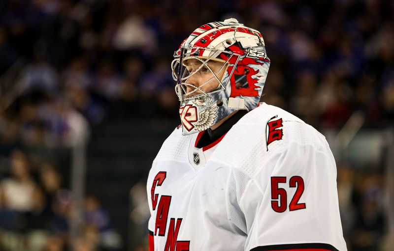 Jan 2, 2024; New York, New York, USA; Carolina Hurricanes goalie Pyotr Kochetkov (52) during the first period against the New York Rangers at Madison Square Garden. Mandatory Credit: Danny Wild-USA TODAY Sports