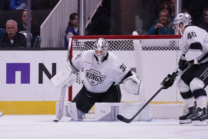 Nov 20, 2025; San Jose, California, USA;  Los Angeles Kings goalie Anton Forsberg (31) and right winger Joel Armia (40) defend the goal against the San Jose Sharks in the second period at SAP Center at San Jose. Mandatory Credit: David Gonzales-Imagn Images