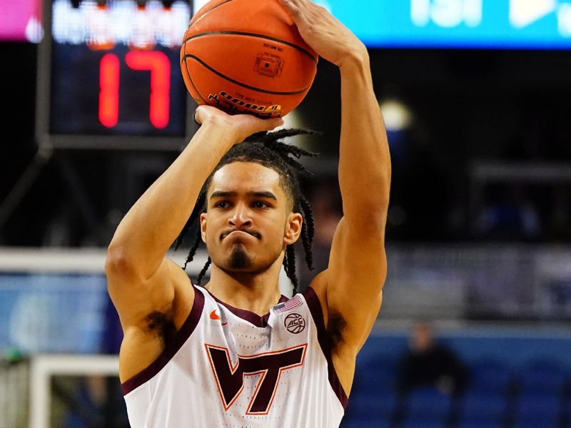 Mar 7, 2023; Greensboro, NC, USA; Virginia Tech Hokies guard Rodney Rice (1) takes a jump shot against the Notre Dame Fighting Irish during the first half of the first round of the ACC tournament at Greensboro Coliseum. Mandatory Credit: John David Mercer-USA TODAY Sports