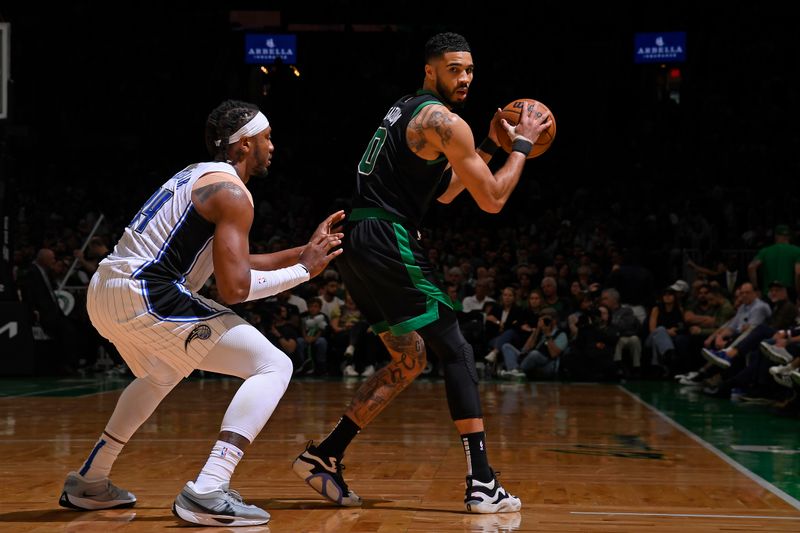 BOSTON, MA - APRIL 29:  Jayson Tatum #0 of the Boston Celtics dribbles the ball during the game against the Orlando Magic during Round 1 Game 5 of the 2025 NBA Playoffs on April 29, 2025 at TD Garden in Boston, Massachusetts. NOTE TO USER: User expressly acknowledges and agrees that, by downloading and/or using this Photograph, user is consenting to the terms and conditions of the Getty Images License Agreement. Mandatory Copyright Notice: Copyright 2025 NBAE (Photo by Brian Babineau/NBAE via Getty Images)