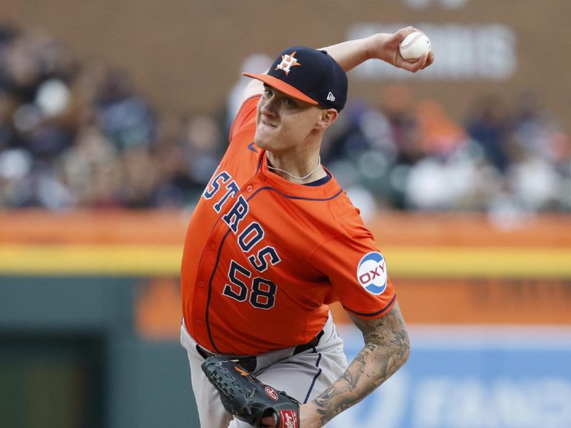 May 11, 2024; Detroit, Michigan, USA; Houston Astros pitcher Hunter Brown (58) throws against the Detroit Tigers during the third inning at Comerica Park. Mandatory Credit: Brian Bradshaw Sevald-USA TODAY Sports