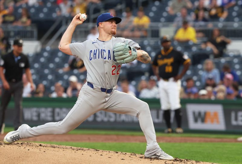 Sep 16, 2025; Pittsburgh, Pennsylvania, USA;  Chicago Cubs starting pitcher Cade Horton (22) delivers a pitch against the Pittsburgh Pirates during the first inning at PNC Park. Mandatory Credit: Charles LeClaire-Imagn Images