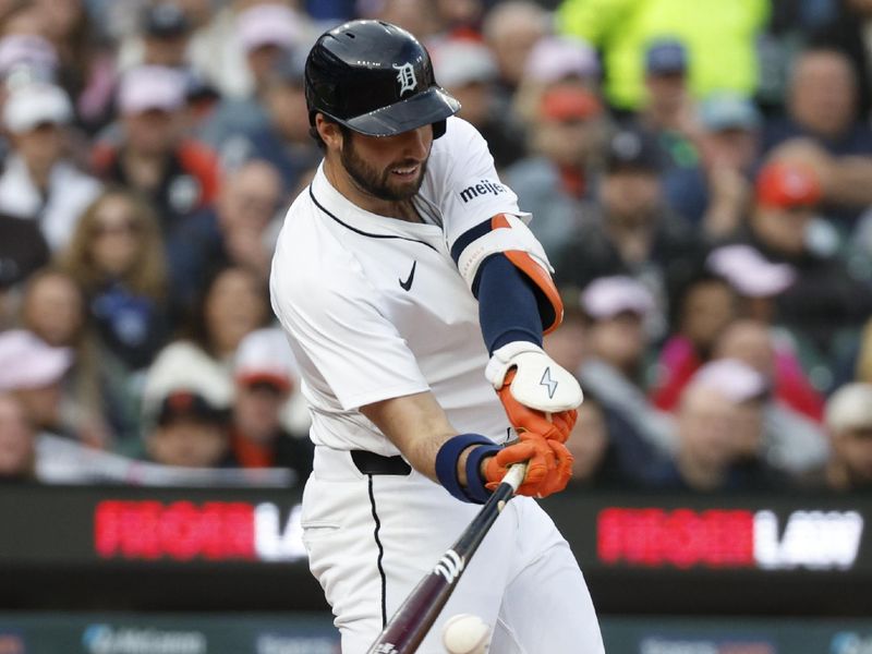May 24, 2025; Detroit, Michigan, USA; Detroit Tigers outfielder Matt Vierling (8) hits during an at bat in the first inning of the game against the Cleveland Guardians at Comerica Park. Mandatory Credit: Brian Bradshaw Sevald-Imagn Images