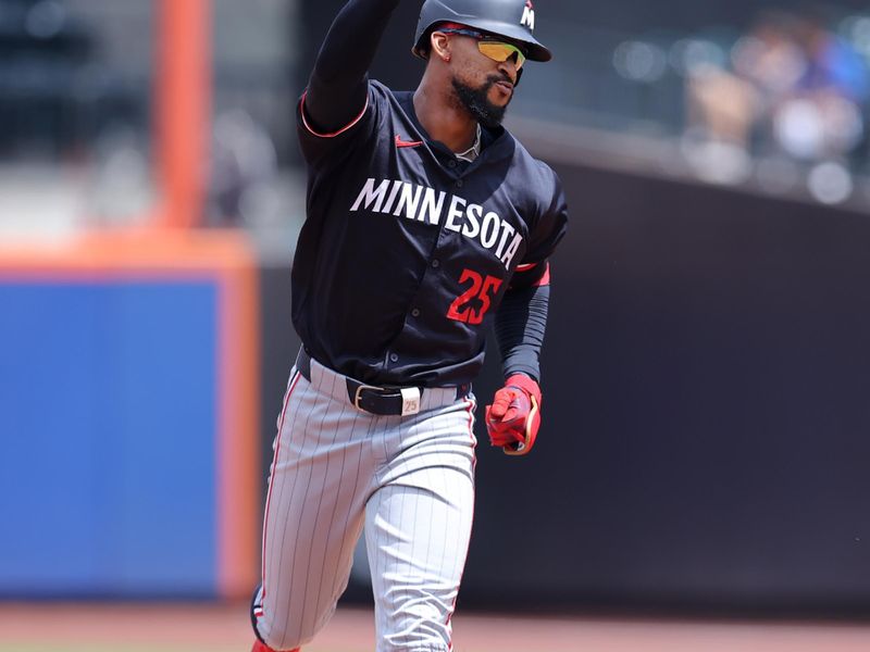 Jul 31, 2024; New York City, New York, USA; Minnesota Twins center fielder Byron Buxton (25) reacts as he rounds the bases after hitting a solo home run against the New York Mets during the second inning at Citi Field. Mandatory Credit: Brad Penner-USA TODAY Sports