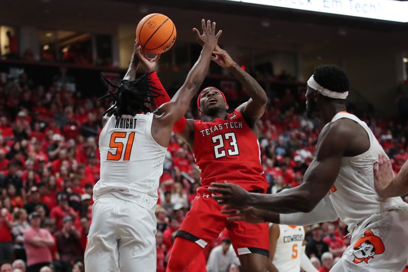 Mar 4, 2023; Lubbock, Texas, USA;  Texas Tech Red Raiders guard De Vion Harmon (23) goes to the basket against Oklahoma State Cowboys guard John-Michael Wright (51) in the second half at United Supermarkets Arena. Mandatory Credit: Michael C. Johnson-USA TODAY Sports