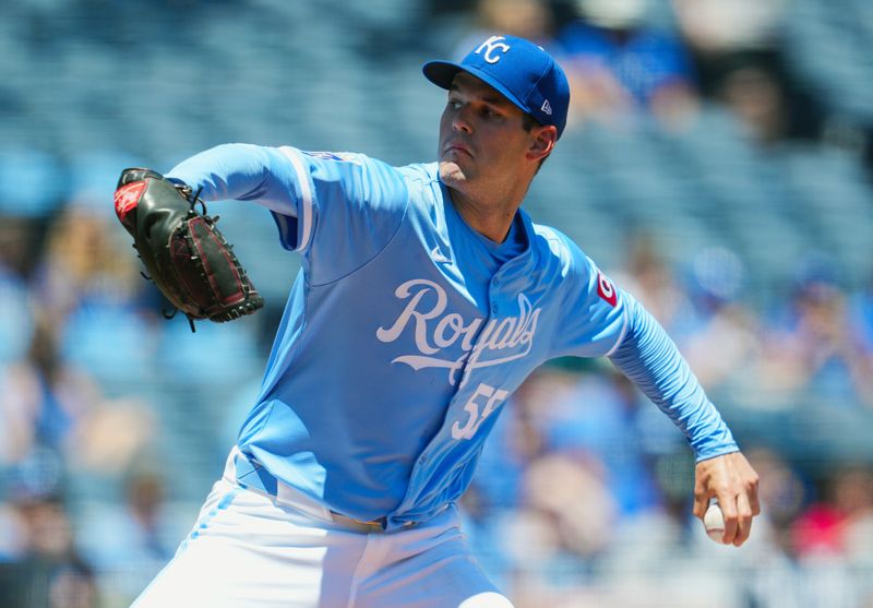 Jun 9, 2024; Kansas City, Missouri, USA; Kansas City Royals starting pitcher Cole Ragans (55) pitches during the first inning against the Seattle Mariners at Kauffman Stadium. Mandatory Credit: Jay Biggerstaff-USA TODAY Sports