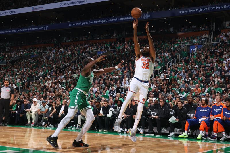 BOSTON, MA - OCTOBER 22: Karl-Anthony Towns #32 of the New York Knicks shoots the ball during the game against the Boston Celtics on October 22, 2024 at TD Garden in Boston, Massachusetts. NOTE TO USER: User expressly acknowledges and agrees that, by downloading and or using this Photograph, user is consenting to the terms and conditions of the Getty Images License Agreement. Mandatory Copyright Notice: Copyright 2024 NBAE (Photo by Nathaniel S. Butler/NBAE via Getty Images)