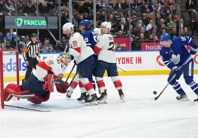 Nov 28, 2023; Toronto, Ontario, CAN; Toronto Maple Leafs center Calle Jarnkrok (19) battles for the puck in front of Florida Panthers goaltender Anthony Stolarz (41) during the first period at Scotiabank Arena. Mandatory Credit: Nick Turchiaro-USA TODAY Sports