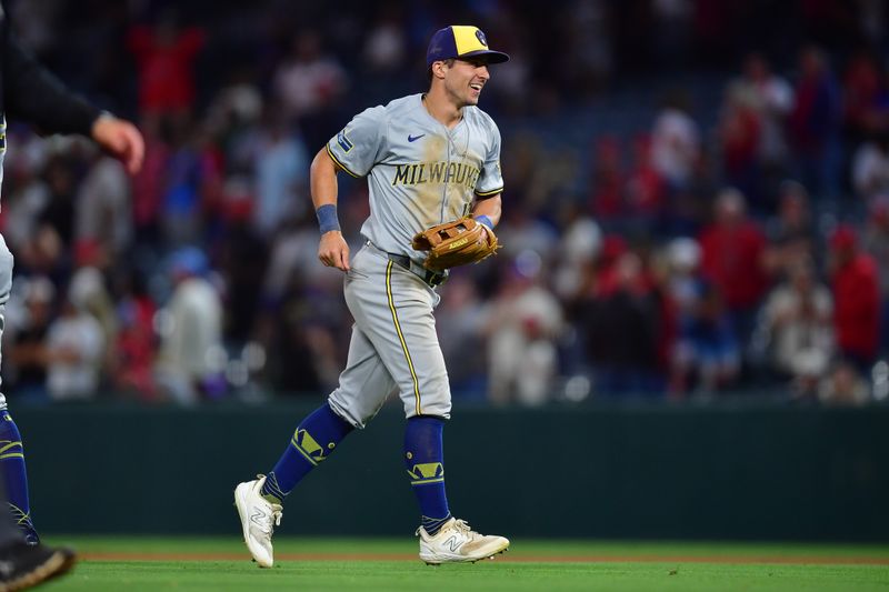 Jun 18, 2024; Anaheim, California, USA; Milwaukee Brewers outfielder Sal Frelick (10) celebrates the victory against the Los Angeles Angels at Angel Stadium. Mandatory Credit: Gary A. Vasquez-USA TODAY Sports
