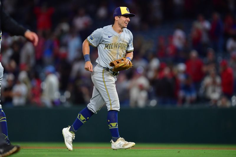 Jun 18, 2024; Anaheim, California, USA; Milwaukee Brewers outfielder Sal Frelick (10) celebrates the victory against the Los Angeles Angels at Angel Stadium. Mandatory Credit: Gary A. Vasquez-USA TODAY Sports