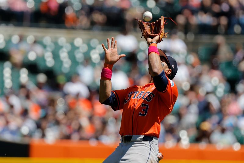 May 12, 2024; Detroit, Michigan, USA;  Houston Astros shortstop Jeremy Pena (3) makes a catch in the third inning against the Detroit Tigers at Comerica Park. Mandatory Credit: Rick Osentoski-USA TODAY Sports