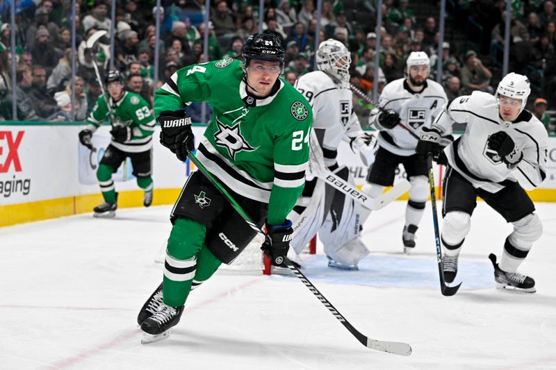 Jan 16, 2024; Dallas, Texas, USA; Dallas Stars center Roope Hintz (24) against the Los Angeles Kings during the second period at the American Airlines Center. Mandatory Credit: Jerome Miron-USA TODAY Sports