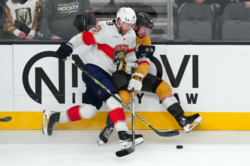 Jan 26, 2025; Las Vegas, Nevada, USA; Florida Panthers center Sam Bennett (9) checks Vegas Golden Knights right wing Jonas Rondbjerg (46) off the puck during the third period at T-Mobile Arena. Mandatory Credit: Stephen R. Sylvanie-Imagn Images