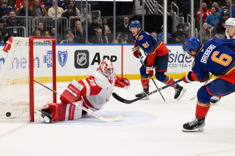 Apr 1, 2025; St. Louis, Missouri, USA; Detroit Red Wings goaltender Cam Talbot (39) defends the net from St. Louis Blues defenseman Philip Broberg (6) and center Dylan Holloway (81) during overtime at Enterprise Center. Mandatory Credit: Jeff Le-Imagn Images