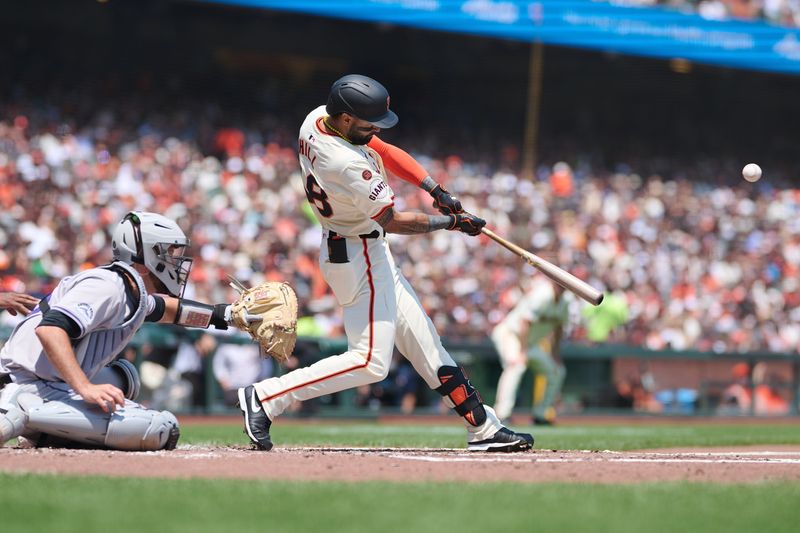 Jul 28, 2024; San Francisco, California, USA; San Francisco Giants outfielder Derek Hill (48) hits a double against the Colorado Rockies during the second inning at Oracle Park. Mandatory Credit: Robert Edwards-USA TODAY Sports