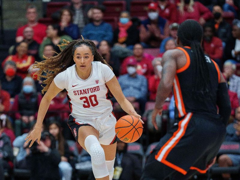 Jan 27, 2023; Stanford, California, USA; Stanford Cardinal guard Haley Jones (30) dribbles the basketball during the first quarter against the Oregon State Beavers at Maples Pavilion. Mandatory Credit: Neville E. Guard-USA TODAY Sports