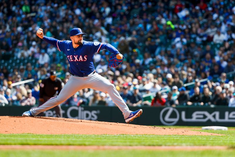 Apr 13, 2025; Seattle, Washington, USA; Texas Rangers starting pitcher Nathan Eovaldi (17) throws against the Seattle Mariners during the first inning at T-Mobile Park. Mandatory Credit: Joe Nicholson-Imagn Images