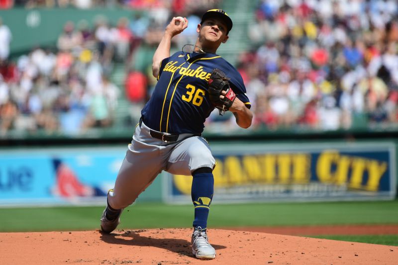 May 26, 2024; Boston, Massachusetts, USA;  Milwaukee Brewers starting pitcher Tobias Myers (36) pitches during the first inning against the Boston Red Sox at Fenway Park. Mandatory Credit: Bob DeChiara-USA TODAY Sports