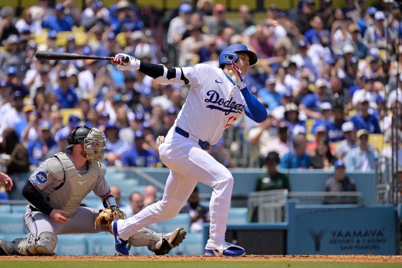 Apr 30, 2025; Los Angeles, California, USA; Los Angeles Dodgers designated hitter Shohei Ohtani (17) at bat against the Miami Marlins during the third inning at Dodger Stadium. Mandatory Credit: Jayne Kamin-Oncea-Imagn Images