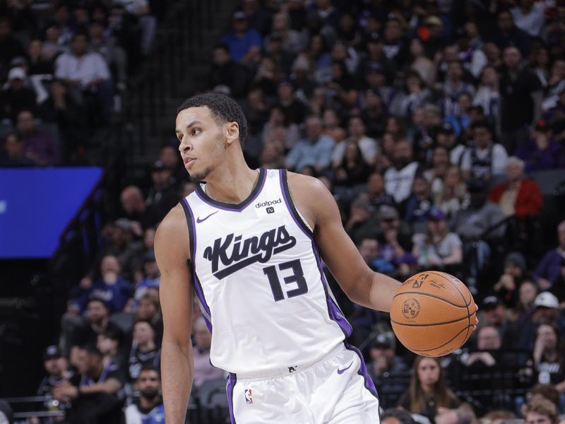 SACRAMENTO, CA - MARCH 29:  Keegan Murray #13 of the Sacramento Kings handles the ball during the game  on March 29, 2024 at Golden 1 Center in Sacramento, California. NOTE TO USER: User expressly acknowledges and agrees that, by downloading and or using this Photograph, user is consenting to the terms and conditions of the Getty Images License Agreement. Mandatory Copyright Notice: Copyright 2024 NBAE (Photo by Rocky Widner/NBAE via Getty Images)