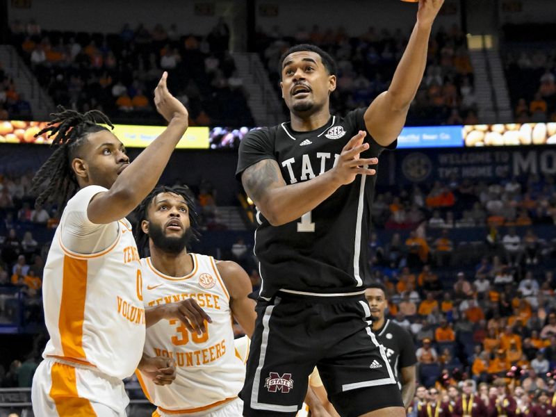 Mar 15, 2024; Nashville, TN, USA; Mississippi State Bulldogs forward Tolu Smith (1) shoots against the Tennessee Volunteers during the first half at Bridgestone Arena. Mandatory Credit: Steve Roberts-USA TODAY Sports