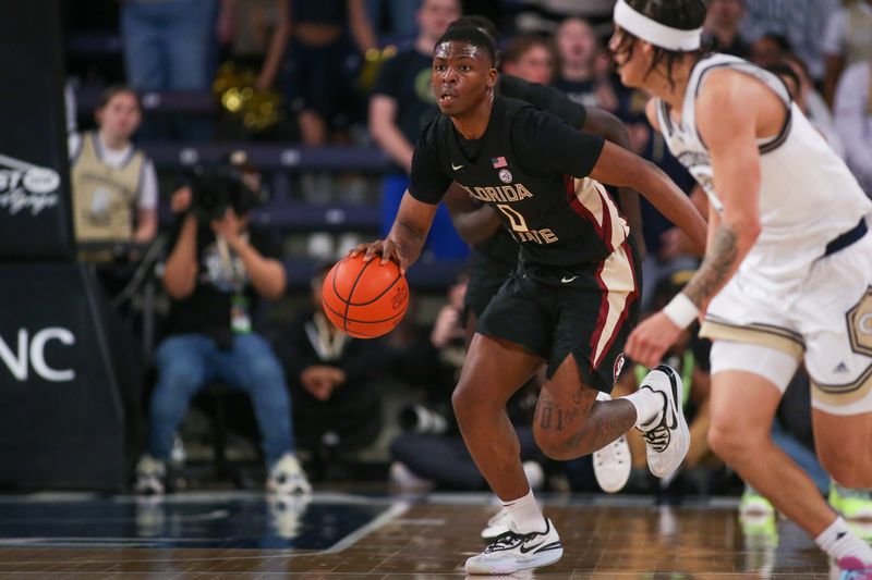 Mar 2, 2024; Atlanta, Georgia, USA; Florida State Seminoles guard Chandler Jackson (0) dribbles against the Georgia Tech Yellow Jackets in the first half at McCamish Pavilion. Mandatory Credit: Brett Davis-USA TODAY Sports
