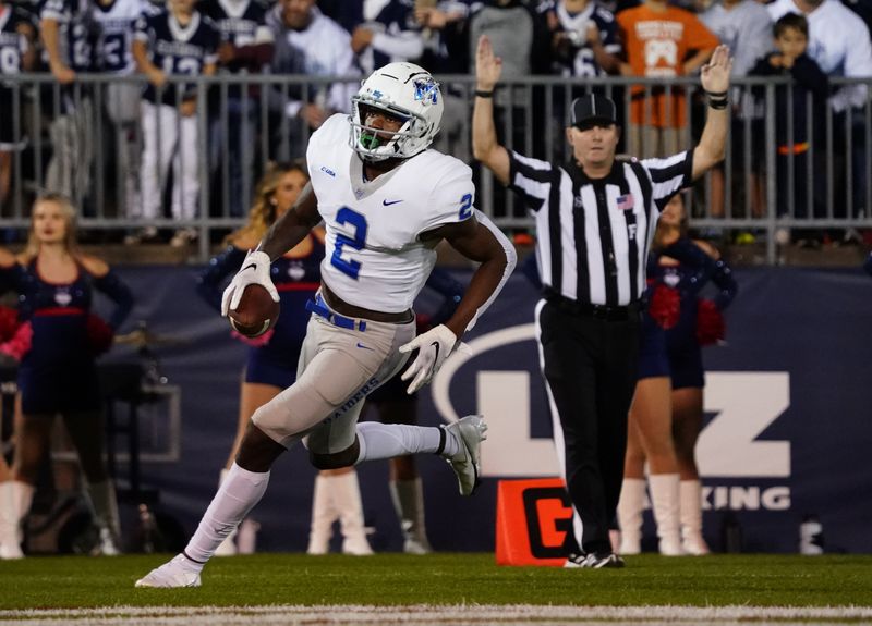 Oct 22, 2021; East Hartford, Connecticut, USA; Middle Tennessee Blue Raiders wide receiver Izaiah Gathings (2) scores against the Connecticut Huskies in the first half at Rentschler Field at Pratt & Whitney Stadium. Mandatory Credit: David Butler II-USA TODAY Sports