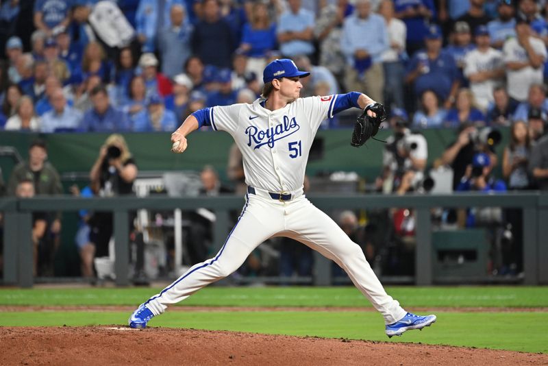 Oct 9, 2024; Kansas City, Missouri, USA; Kansas City Royals relief pitcher Brady Singer (51) seventh in the ninth inning against the New York Yankees  during game three of the NLDS for the 2024 MLB Playoffs at Kauffman Stadium. Mandatory Credit: Peter Aiken-Imagn Images