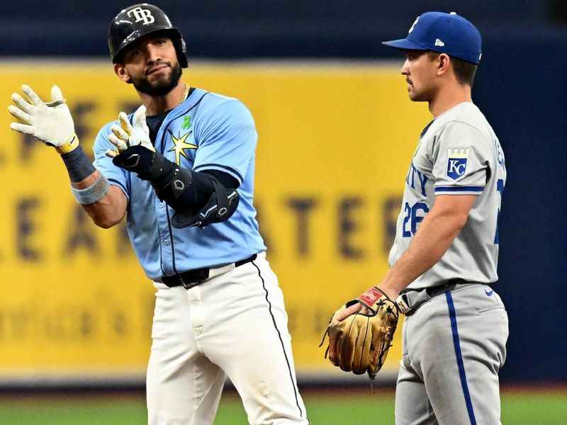 May 26, 2024; St. Petersburg, Florida, USA; Tampa Bay Rays shortstop Jose Caballero (7) reacts after hitting a double in the sixth inning against the Kansas City Royals at Tropicana Field. Mandatory Credit: Jonathan Dyer-USA TODAY Sports